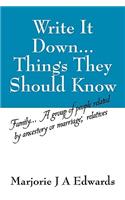 Write It Down...Things They Should Know: Family...a Group of People Related by Ancestory or Marriage; Relatives(English)