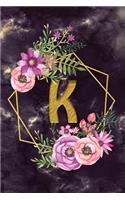 K: Personalized Dot Grid Bullet BUJO Notebook Journal Modern Floral Gold Initial Monogram Letter - Many Usage Handy Travel Size For Women Teens