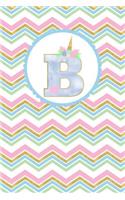 Unicorn Monogram Journal - Letter B: Blue Letter with a Unicorn Horn and Flowers Accent on Bright Colored Zigzag Stripe Background