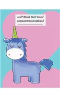 Half Blank Half Lined Composition Notebook: Blue Unicorn Big Pink Heart, Half Unruled paper Journal, Writing Painting Doodling Drawing,8.5x11",100 Pages, For Kids, Teens.