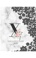 Weekly & Monthly Planner 2020 X: Black Lace Marble Monogram Letter X with Pink Flowers (7.5 x 9.25 in) Horizontal at a glance Personalized Planner for Women Moms Girls and School