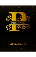Phoenix Sketchbook: Letter P Personalized First Name Personal Drawing Sketch Book for Artists & Illustrators Black Gold Space Glittery Effect Cover Scrapbook Notepad & 