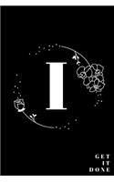 Simple Black Initial Letter I Notebook with Rose Floral Journal for Women, Girls Birthday Gift and School