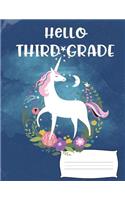 Hello Third Grade: Cute Unicorn Floral Wreath Wide Ruled Composition Notebook 8.5" x 11"