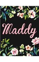 Maddy: Personalised Maddy Notebook/Journal For Writing 100 Lined Pages (Black Floral Design)