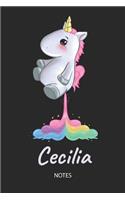 Cecilia - Notes: Noms Personnalisé Carnet de notes / Journal pour les filles et les femmes. Kawaii Licorne pétant arc-en-ciel. Accessoires de licorne amusants et fou