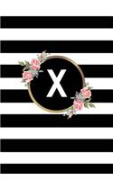 X: Letter X Monogram Personalized Journal, Floral Black & White Stripe Monogrammed Notebook, Blank Lined 6x9 Inch College Ruled 120 Page Perfect Bound 