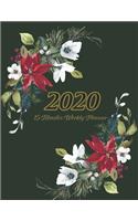 Large Print - 2020 - 15 Months Weekly Planner - Victorian Christmas - Green with Poinsettia Flowers