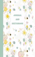Journal and Sketchbook: Half Blank Half Lined Mixed Paper Notebook - Whimsical Mouse and Bunny Friends Cover Design in Pastel Colors