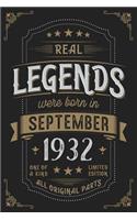 Real Legends were born in September 1932: Vintage Birthday Notebook - Great Individual Gift for Writing Notes, Scribble and Reminders lined 6x9 Inch 100 Pages