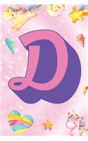 D: Personalized Monogram Initial For First Or Last Name, Unicorn Design on Pink Star Dream Fantasy Pattern, Lined Paper Note Book For Girls To Draw, Sk