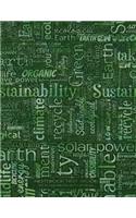Notebook Not Ebook 120 ruled pages with margin: 8.5"x11" ruled notebook with sustainability word cloud on forest green cover, perfect bound, ideal for composition notebook or journal