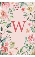 W: Floral Pink and White Roses and Peonies Monogram Sketchbook - 110 Sketchbook Pages (6 x 9) - Floral Watercolor Monogram Sketch Notebook - Personaliz