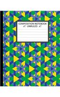 Unruled Composition Notebook 8 x 10. Yellow Triangles on Blue and Green Pattern.