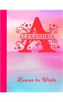 Alexandria Learn to Write: Personalized Letter A First Name Handwriting Primary Composition Practice Paper Glossy Pink & Blue Watercolor Effect Notebook Cover Dashed Midline W