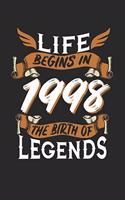 Life Begins in 1998 the Birth of Legends: 6x9 inches checkered notebook, 120 Pages, Composition Book and Birthday Journal, 1998 birthday, alternative gift idea for an legend