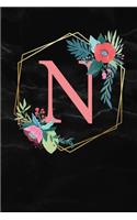 N: Monogramm Buchstabe N 120 Seiten DIN A5 Notizbuch Marmor Gold Schwarz personalisiert Name farbige Blumen Initial Tagebuch für Frauen und Mädchen