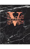 Valeria: Personalized Dot Grid Bullet Notebook for Women or Girls. Monogram Initial V. Black Marble & Rose Gold Cover. 8.5 x 11 110 Pages Dotted Journal Diar