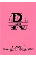 Split Letter Personalized Name Journal - Ruth: Elegant Flourish Capital Letter on Coral Colored Leather Look Background
