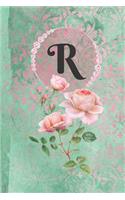 Personalized Monogrammed Letter R Journal: White Paper with Green and Pink Damask Lace with Roses on Glossy Cover