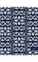 Notes: 8"x10" Blank Lined Page Notebook Seamless Oriental China Porcelain Spiral Vortex Curve Cross Frame Vine Flower Pattern Cover. Matte Softcover Ruled 