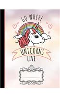 Go Where Unicorns Live Composition Notebook: Journal for School Teachers Students Offices - 5x5 Quad Rule Graph Paper, 200 Pages (7.44" X 9.69")