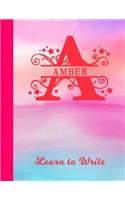 Amber Learn to Write: Personalized Letter A First Name Handwriting Primary Composition Practice Paper Glossy Pink & Blue Watercolor Effect Notebook Cover Dashed Midline W