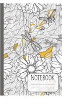 Notebook with Grey Flowers and Dragonfly Design