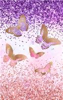 Glitter Notebook: Pink Purple Butterfly Faux Glitter Design, Blank Marble-Patterned Paper Pages