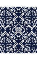 Notes: 8"x10" Blank Lined Page Notebook Seamless Oriental China Porcelain Spiral Curve Cross Frame Flower Plant Pattern Cover. Matte Softcover Ruled Note B