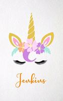 Jenkins A5 Lined Notebook 110 Pages: Funny Blank Journal For Lovely Magical Unicorn Face Dream Family First Name Middle Last Surname. Unique Student Teacher Scrapbook/ Composition Great