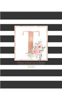 Weekly & Monthly Planner 2020 T: Black and White Stripes Rose Gold Monogram Letter T with Pink Flowers (7.5 x 9.25 in) Horizontal at a glance Personalized Planner for Women Moms Gir