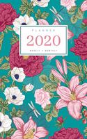 Planner 2020 Weekly Monthly: 6x9 Full Year Notebook Organizer Small - 12 Months - Jan to Dec 2020 - Vintage Flower Dragonfly Design Teal