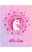 Amber: Unicorn Large Blank Primary Sketchbook Paper - Pink Purple Magical Horse Personalized Letter A Initial Custom First Name Cover - Drawing Sketch Book