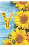 Y: Sunflower Personalized Initial Letter Y Monogram Blank Lined Notebook, Journal and Diary with a Rustic Blue Wood Background