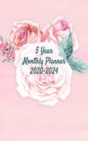 5 Year Planner: 2020-2024 - Pink Roses Design -2 Page Monthly Calendar Spread with Inspirational Gratitude Quotes and Yearly Goal Planner