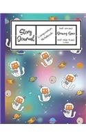 Story Journal Composition Notebook Half Unruled Drawing Space Half Wide Ruled Lined: Combined Write and Sketch Blank Workbook(12 Outer Space Galaxy Kitty Cat Blue)
