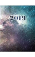 2019: Dated Planner Year At-A-Glance Weekly Vertical Spread Daily Time Schedule Habit Tracker Dot Grid (Blue Nebula)