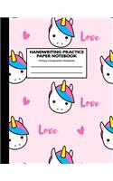 Handwriting Practice Paper Notebook Primary Composition Notebook: Blank Writing Sheets Journal Workbook with Dotted Lines for Kids: Preschool, Kindergarten, Pre K, K-3 Students - Cute Pink Unicorn Pattern For Girls