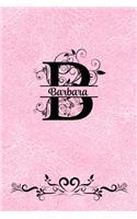 Split Letter Personalized Journal - Barbara: Elegant Flourish Capital Letter on Light Pink Leather Look Background