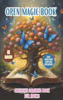Open Magic Book. Grayscale Coloring Book For Adults