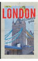 London Welcomes You: Pretty Journal Notebook for UK Travel Vacation Holiday Business Trip Retro Style