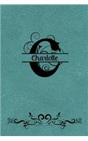 Split Letter Personalized Name Journal - Charlotte: Elegant Flourish Capital Letter on Light Teal Leather Look Background