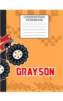 Composition Notebook Grayson: Monster Truck Personalized Name Grayson on Wided Rule Lined Paper Journal for Boys Kindergarten Elemetary Pre School