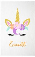 Everett A5 Lined Notebook 110 Pages: Funny Blank Journal For Lovely Magical Unicorn Face Dream Family First Name Middle Last Surname. Unique Student Teacher Scrapbook/ Composition Great