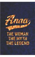 Anna the Woman the Myth the Legend: First Name Funny Sayings Personalized Customized Names Women Girl Mother's Day Gift Notebook Journal