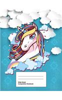 Wide Ruled Composition Notebook: Writing Book Journal, Soft Cover, Blank Lined Paper, 200 Pages, Cute Animal Designs Unicorn White and Blue with 3D Clouds