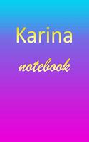 Karina: Blank Notebook - Wide Ruled Lined Paper Notepad - Writing Pad Practice Journal - Custom Personalized First Name Initial K Blue Purple Gold - Taking 