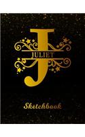 Juliet Sketchbook: Letter J Personalized First Name Personal Drawing Sketch Book for Artists & Illustrators Black Gold Space Glittery Effect Cover Scrapbook Notepad & 