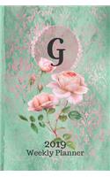 Letter G Personalized 2019 Plan on It Weekly Planner: Monogrammed 14 Month Calendar Planner in Green and Pink Damask Lace with Roses on Glossy Cover